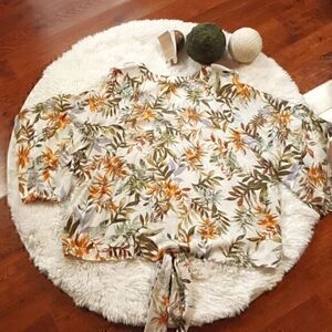 Democracy Tropical Floral Print Tie Open Shoulder Blouse